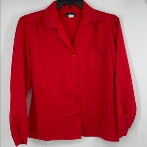Vintage 80’s Ann Chabrol red scalloped lace eyelet trim button blouse Size 14